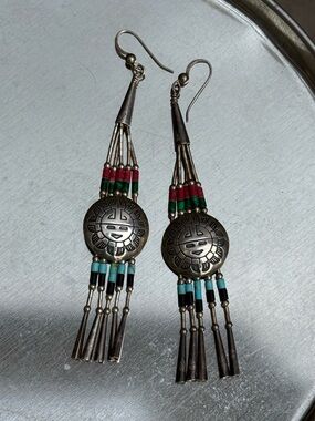 Vintage Native American Sterling Silver Sun Face Heishi Bead Dangle Earrings 925